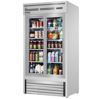 Everest Refrigeration EMGR33-SS 39-3/8" Stainless Steel Double Sliding Glass Door Merchandiser Refrigerator - 33 Cu. Ft.