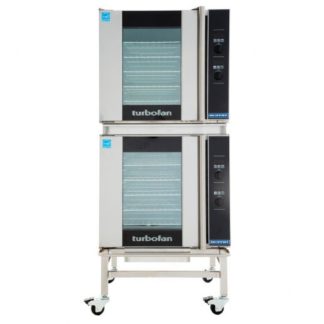 Moffat E32T5/2C 28-7/8" Turbofan Full-Size Touch Screen/Electric Double Stack Convection Oven With Porcelain Oven Chamber On 3" Castor Base Stand, 208V or 220-240V