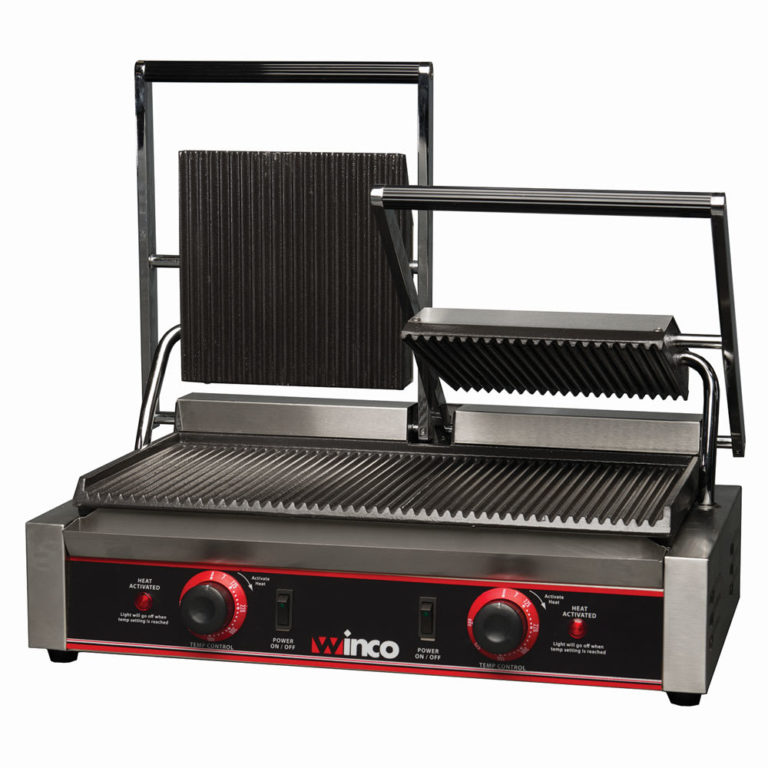 Winco EPG2 Double Commercial Panini Press w/ Cast Iron Grooved Plates