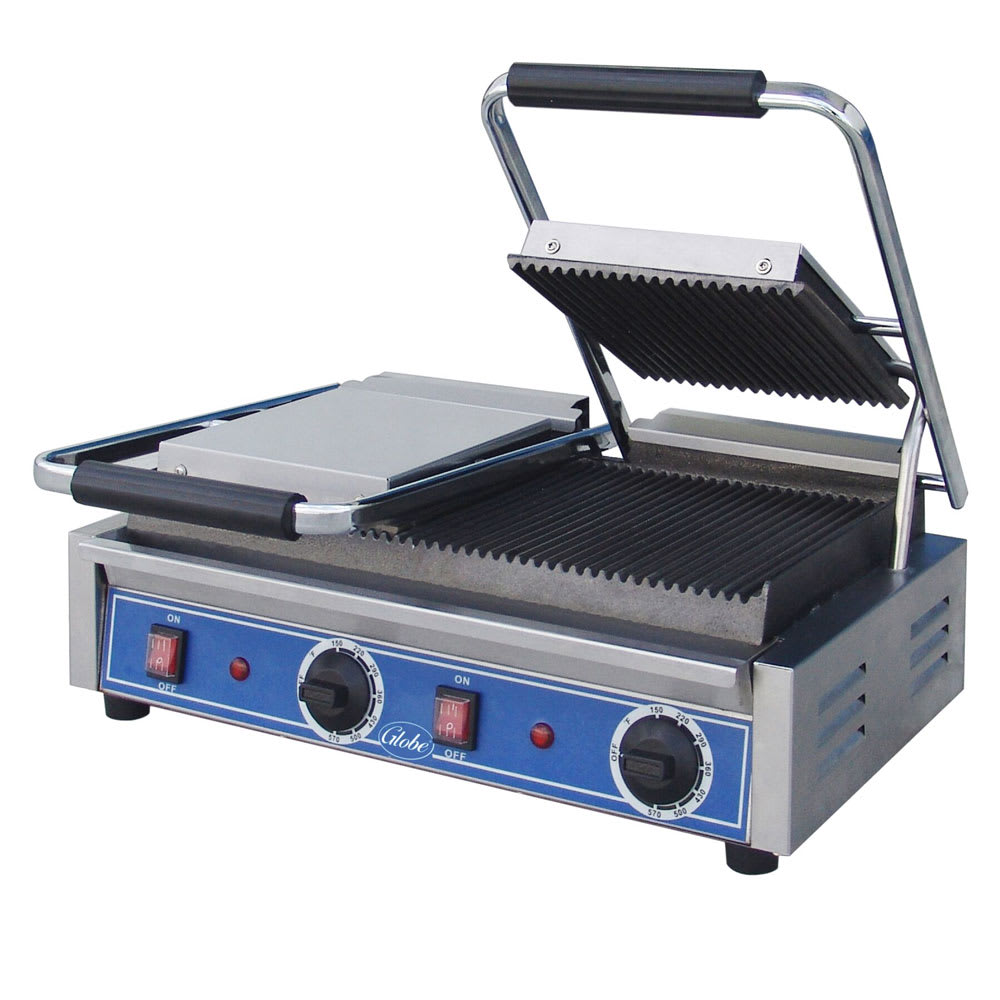 Globe GPGDUE10 Double Commercial Panini Press w/ Cast Iron Grooved Plates, 240V/1PH
