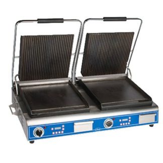 Globe GPGSDUE14D Double Commercial Panini Press w/ Cast Iron Grooved & Smooth Plates, 208-240v/1ph