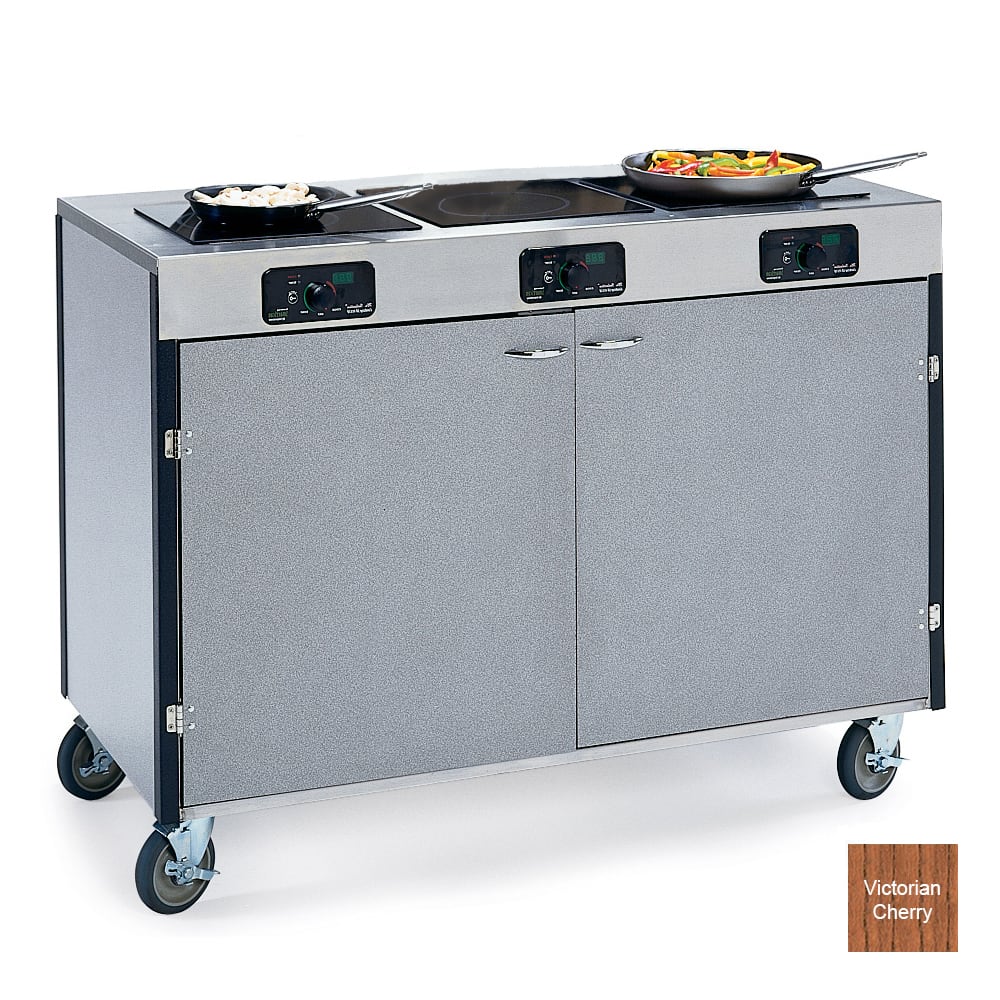 Lakeside 2080 VCHER 35 1/2" High Mobile Cooking Cart w/ 3 Induction Stove, Victorian Cherry
