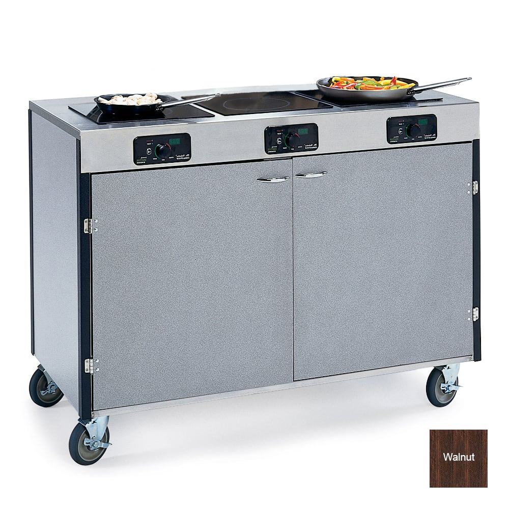 Lakeside 2080 WAL 35 1/2" High Mobile Cooking Cart w/ 3 Induction Stove, Walnut