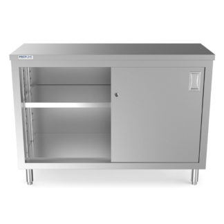 Prepline PC-1848 18"D x 48"L Stainless Steel Enclosed Base Work Table with Sliding Doors and Adjustable Shelf