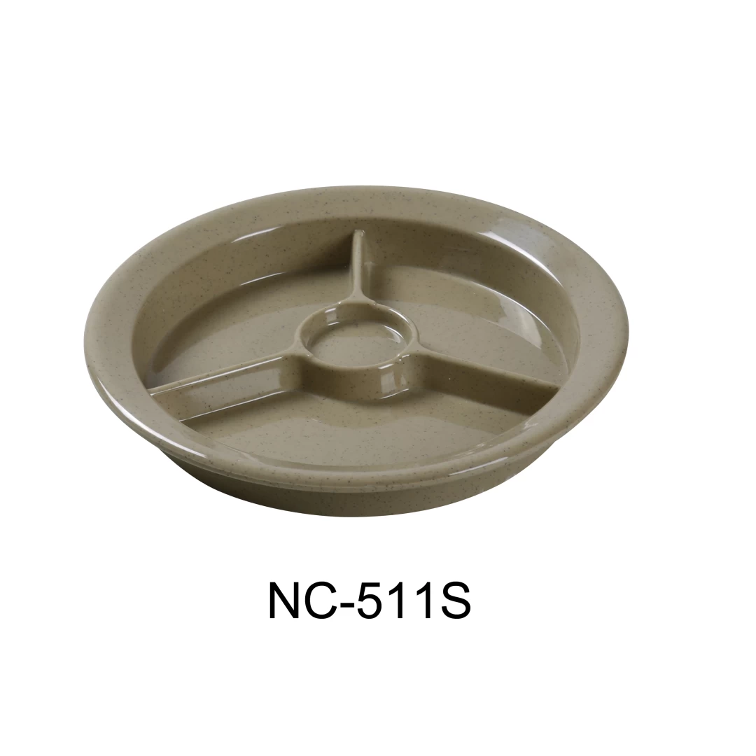 Yanco NC-511S Compartment Collection 3-Compartment Plate With Cup Holder, 9" Diameter, Melamine, Sand Color, Pack of 24