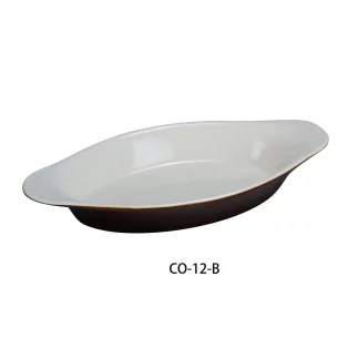 Yanco CO-12-B Welsh Rarebit Crock, Oval, 12 Oz Capacity, 10" Length, 5.35" Width, 1.25" Height, China, White/Brown Color, Pack of 36