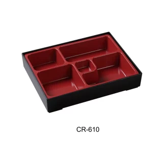 Yanco CR-610 Black & Red 5 Sushi Compartment / Bento Box, Melamine, Matte, Pack of 6