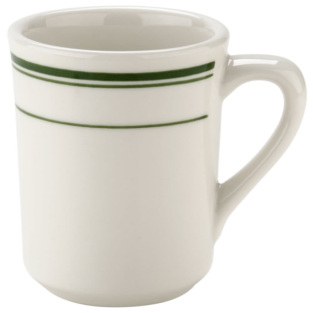 Yanco GB-17 Green Band Coffee/Tea Mug, 7 Oz Capacity, 3 " Diameter, 3.625" Height, China, American White Color, Pack of 36