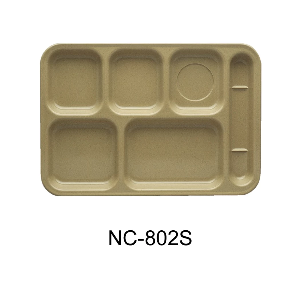Yanco NC-802S Compartment Collection 6-Compartment Plate, Right Hand, 14" Length, 10" Width, Melamine, Sand Color, Pack of 12
