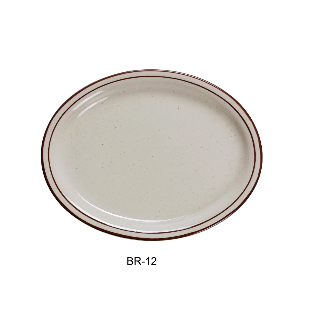 Yanco BR-12 Brown Speckled Platter, 9.5" Length, 7.5" Width, China, American White Color, Pack of 24