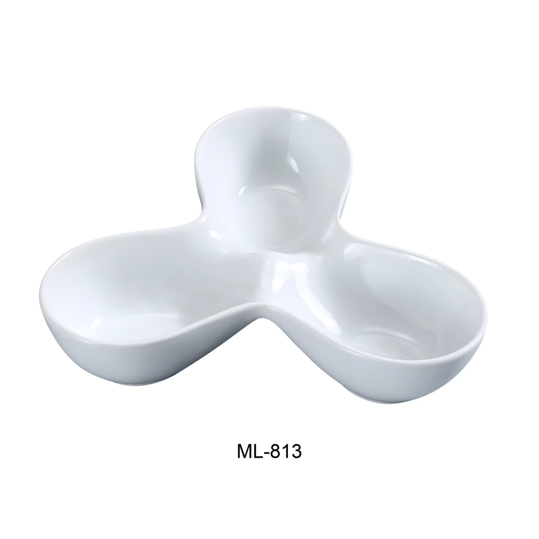 Yanco ML-813 Three Divided Bowl, 4 Oz/Well, 8" Length, 6" Width, Porcelain, Super White, Pack of 24