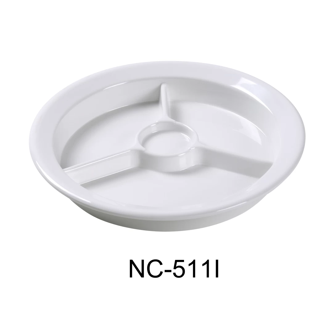 Yanco NC-511I Compartment Collection 3-Compartment Plate With Cup Holder, 9" Diameter, Melamine, Ivory Color, Pack of 24