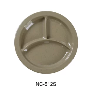 Yanco NC-512S Compartment Collection 3-Compartment Plate With Deep Beveled Foot, 9" Diameter, Melamine, Sand Color, Pack of 24
