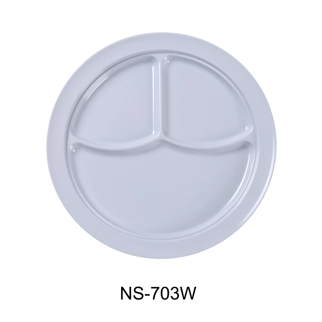Yanco NS-703W Nessico 3-Compartment Plate, 10.875" Diameter, Melamine, White Color, Pack of 24