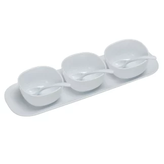 Yanco RM-9002 Rome Condiment Bowl Set, 16" Saucer With Three 4" Bowls & 3 Spoons, Melamine, White Color, Pack of 12