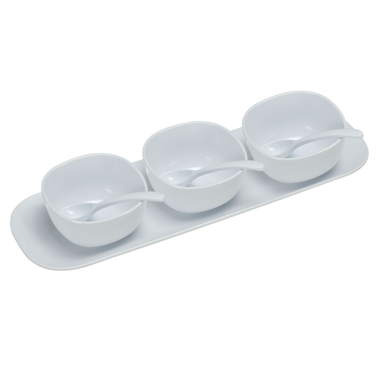 Yanco RM-9002 Rome Condiment Bowl Set, 16" Saucer With Three 4" Bowls & 3 Spoons, Melamine, White Color, Pack of 12