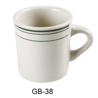 Yanco GB-38 Green Band Coffee/Tea Mug, 8 Oz Capacity, 3 .25" Diameter, 3" Height, China, American White Color, Pack of 36