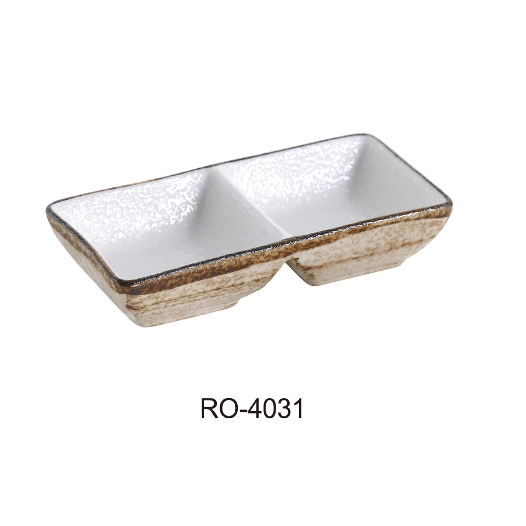Yanco RO-4031 Rockeye Collection, 5.5" Double Divided Sauce Dish, 3 Oz Each, 3" Width, 1.25" Height, China, Two-Tone, Pack of 36