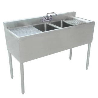 Prepline BAR-2C-LR Stainless Steel 2 Bowl Underbar Hand Sink with Faucet and Two Drainboards - 48" x 18"