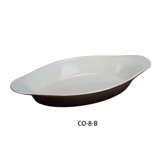 Yanco CO-8-B Welsh Rarebit Crock, Oval, 8 Oz Capacity, 8.5" Length, 4.25" Width, 1.125" Height,  China, White/Brown Color, Pack of 36