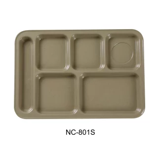 Yanco NC-801S Compartment Collection 6-Compartment Plate, Left Hand, 14" Length, 10" Width, Melamine, Sand Color, Pack of 12