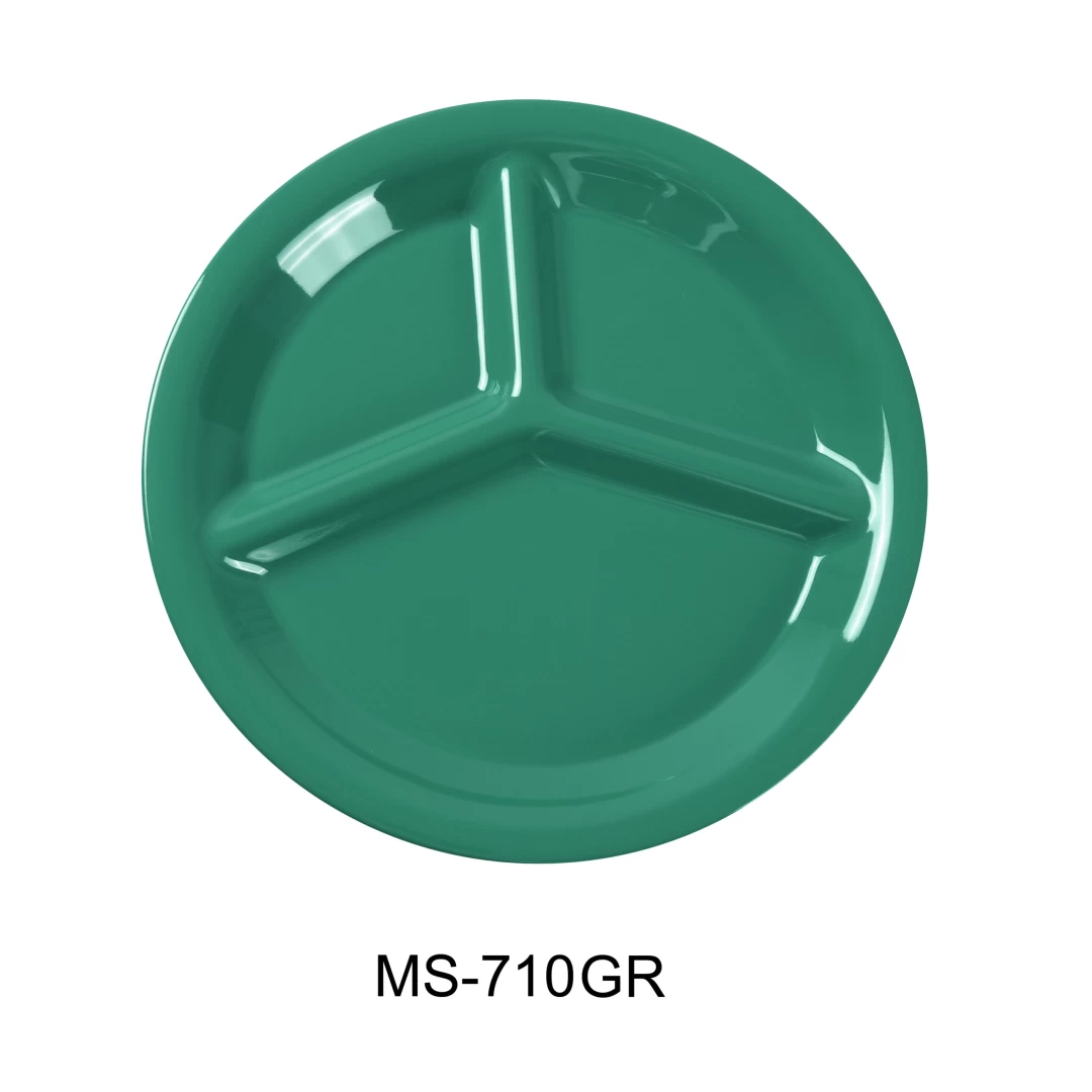 Yanco MS-710GR Mile Stone Three Compartment Plate, 10.25" Diameter, Melamine, Green Color, Pack of 24
