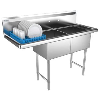 Prepline XS2C-1818-L 56" Stainless Steel Two Compartment Commercial Sink with Left Drainboard - 18" x 18" Bowls