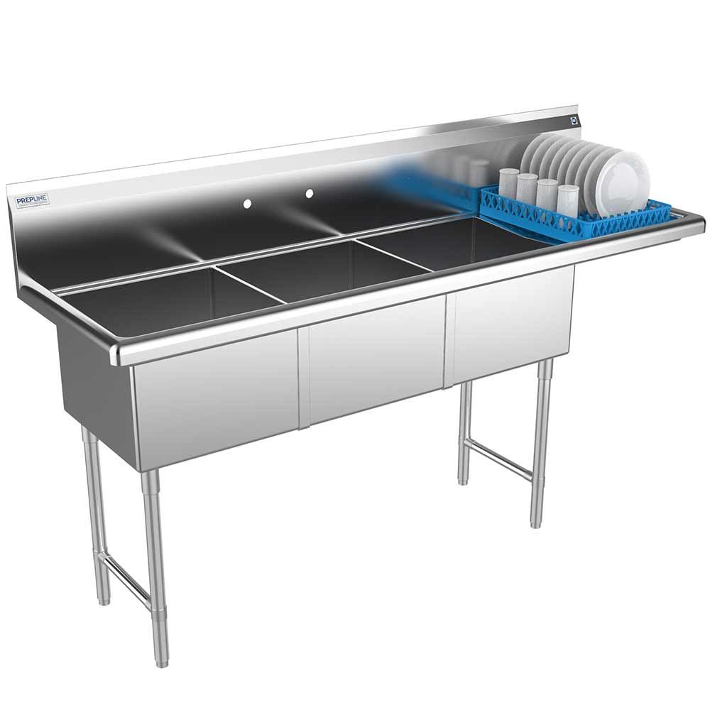 Prepline XS3C-1818-R 74" Stainless Steel Three Compartment Commercial Sink with Right Drainboard - 18" x 18" Bowls