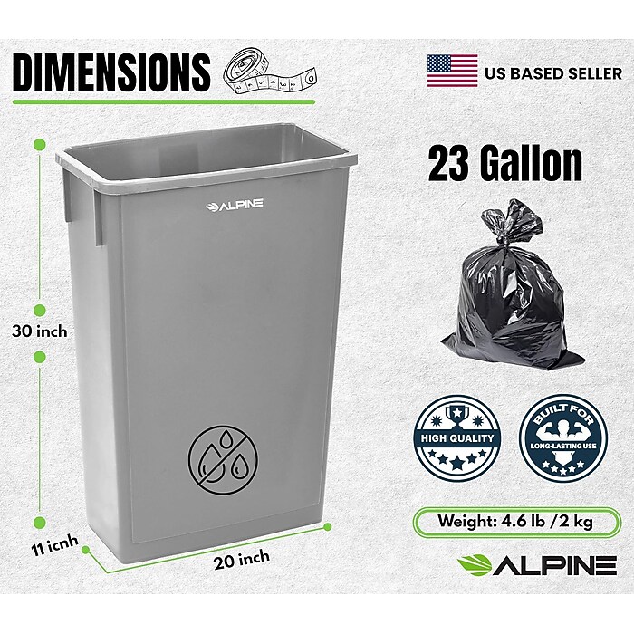 Alpine 23 GALLON BLACK SLIM TRASH CAN ALP477-GRY - Image 2
